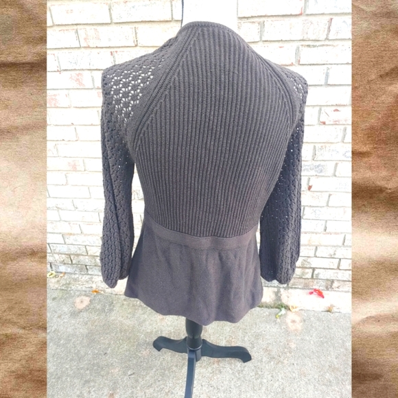 ✨Bell Sleeve✨Tahari Dark Brown Tie Front Open Weave Design Cardigan Sweater S - Picture 3 of 5